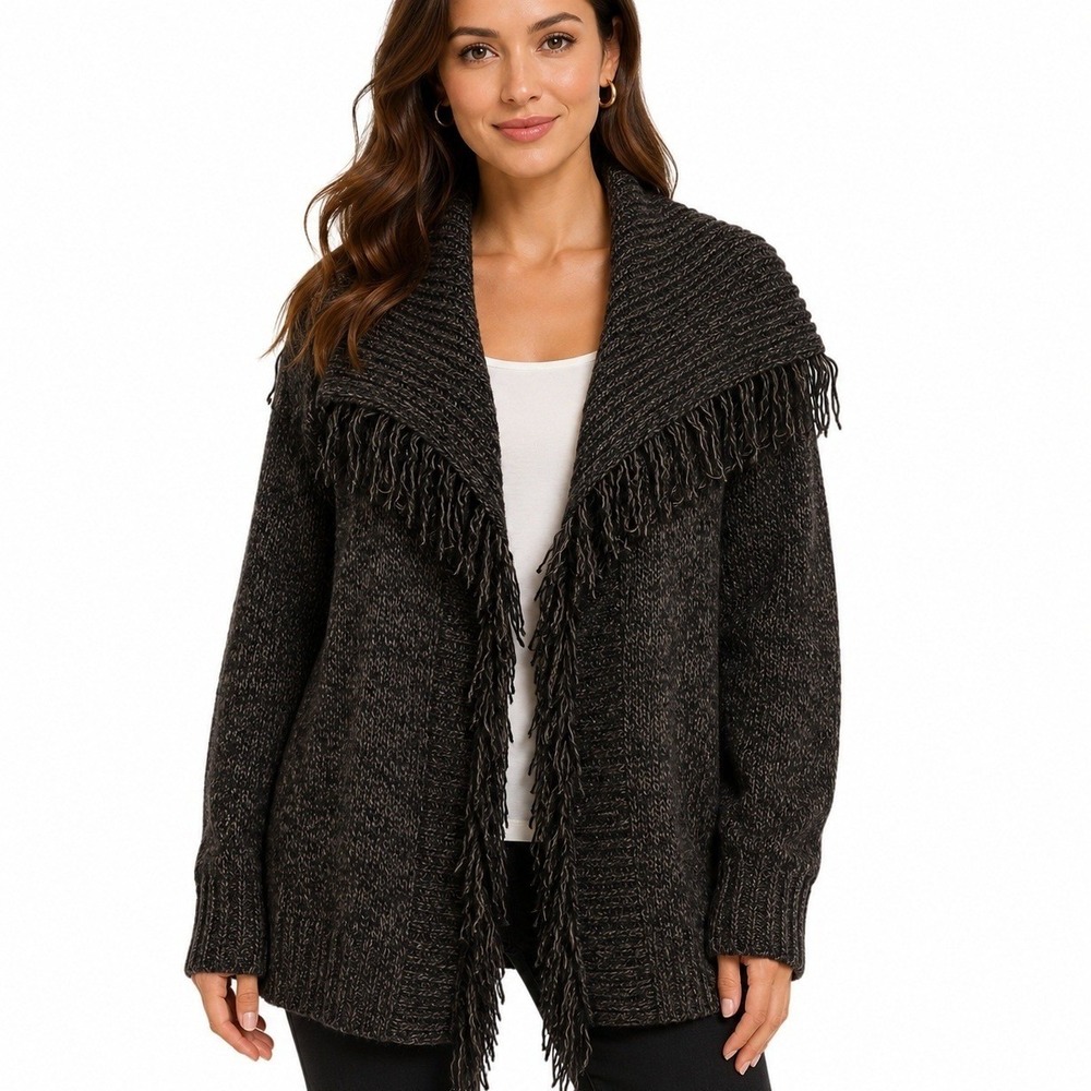 Laura Scott Cardigan Womens L Fringe Shawl Collar Cardigan Sweater Brown Boho